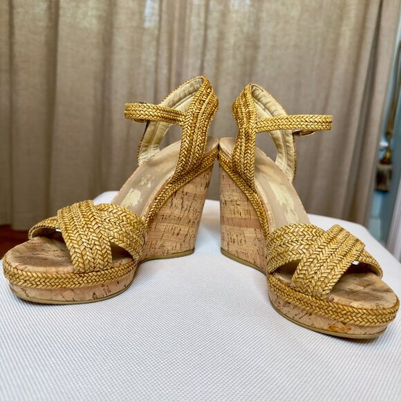 Stuart Weitzman Minx Stappy Wedges Shoes with Cork and Raffia Size 7 - Picture 3 of 16